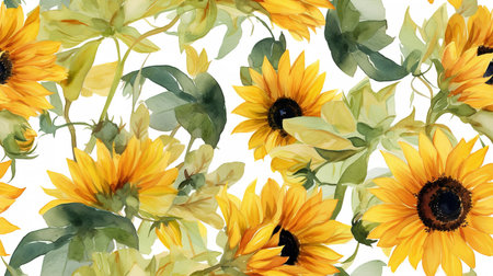 This image shows an artistic pattern of watercolor sunflowers.の素材