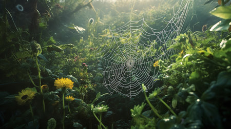 This image shows an intricate pattern of a spider web with morning dew.の素材