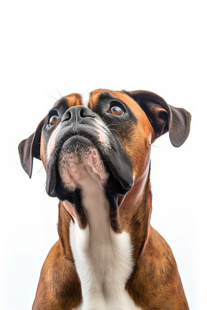 Photography of a Boxer Dog paying attention against a white background.の素材