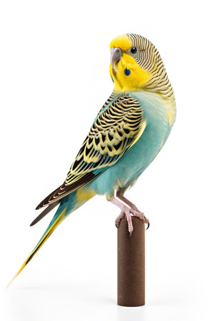 Photography of a Budgerigar chirping against a white background.の素材