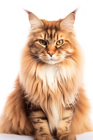 Photography of a Maine Coon Cat resting against a white background.の素材