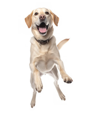 Photography of a fetching Labrador Retriever against a white background.の素材
