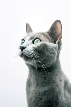 Photography of a Russian Blue Cat watching against a white background.の素材