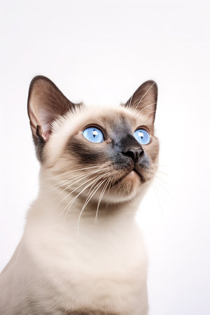 Photography of a Siamese Cat observing against a white background.の素材