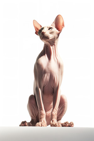 Photography of a sunbathing Sphynx Cat against a white background.の素材