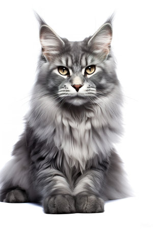 Photography of a Maine Coon Cat resting against a white background.の素材