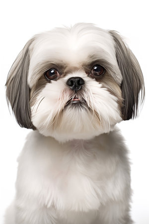 Photography of a barking Shih Tzu Dog against a white background.の素材
