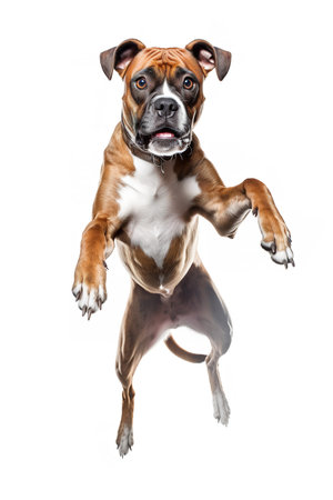 Photography of a jumping Boxer Dog against a white background.の素材