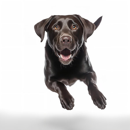 Photography of a fetching Labrador Retriever against a white background.の素材