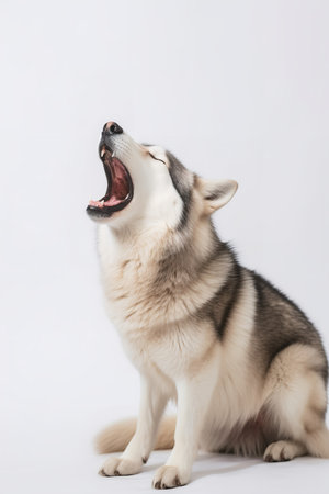 Photography of a howling Siberian Husky against a white background.の素材