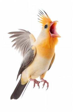 Photography of a singing Cockatiel against a white background.の素材