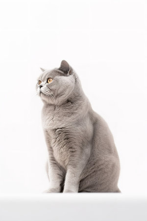 Photography of a lounging Scottish Fold Cat against a white background.の素材