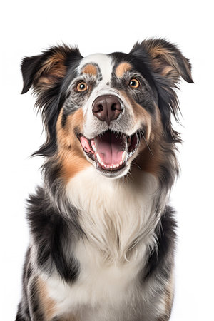 Photography of a herding Australian Shepherd against a white background.の素材