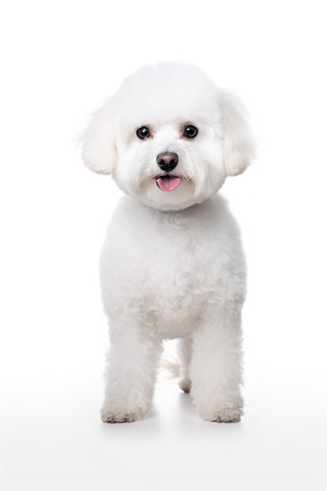 Photography of a standing Bichon Frise Dog against a white background.の素材