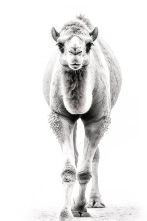 Photography of a walking Arabian Camel against a white background.の素材