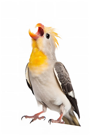 Photography of a singing Cockatiel against a white background.の素材