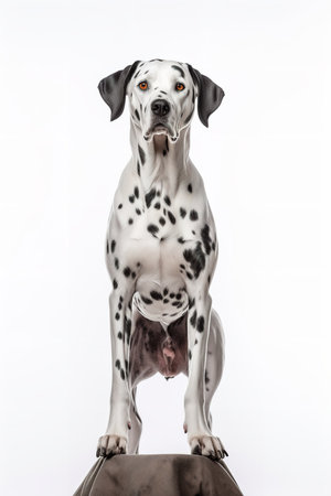 Photography of a posing Dalmatian Dog against a white background.