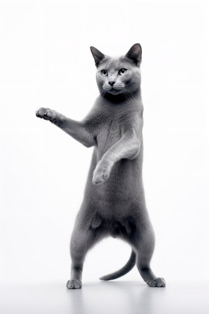 Photography of a stretching Russian Blue Cat against a white background.の素材