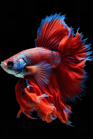 Photography of a swimming Siamese Fighting Fish against a white background.の素材