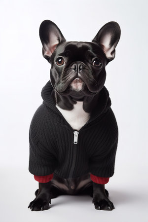 Photography of a waiting French Bulldog against a white background.の素材