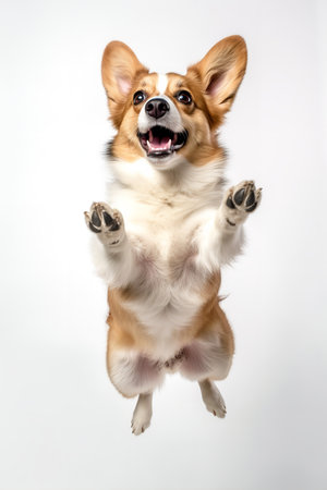 Photography of a playful Corgi Dog against a white background.の素材
