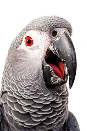 Photography of a talking African Grey Parrot against a white background.の素材