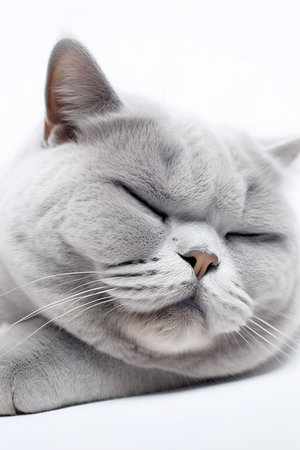 Photography of a sleeping British Shorthair Cat against a white background.の素材
