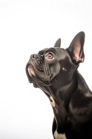 Photography of a waiting French Bulldog against a white background.の素材