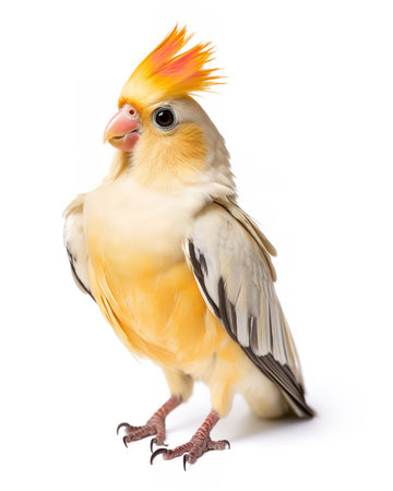 Photography of a sitting Cockatiel against a white backgroundの素材