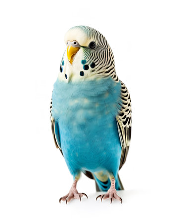 Photography of a sitting Budgerigar against a white backgroundの素材