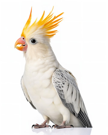 Photography of a sitting Cockatiel against a white backgroundの素材