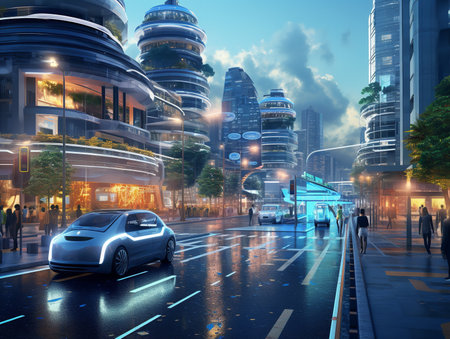 Autonomous Vehicles in Smart City - AI Generatedの素材