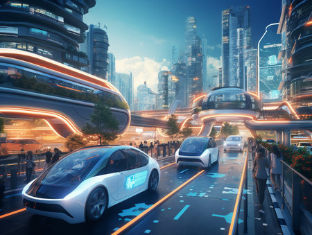 Autonomous Vehicles in Smart City - AI Generatedの素材