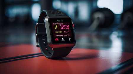 Fitness Smartwatch Mockup on Gym Mat for Active Lifestyle - AI Generatedの素材