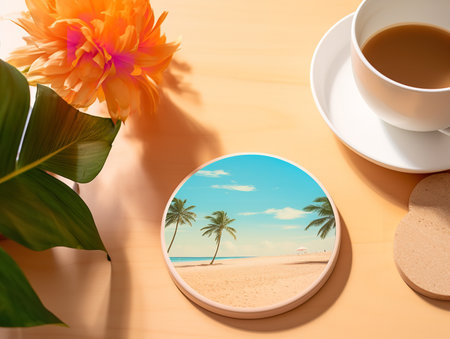 Elegant Ceramic Coaster Mockup for Tableware - AI Generatedの素材