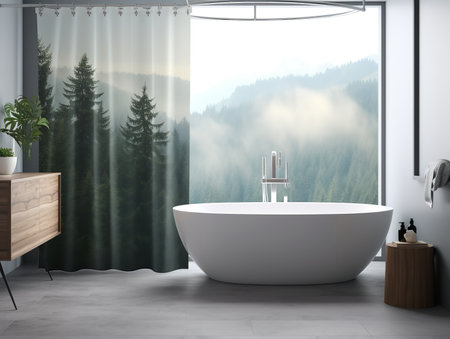Stylish Shower Curtain Mockup for Bathroom Decor - AI Generatedの素材