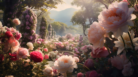 Lush Peony Garden in Bloom - AI Generatedの素材