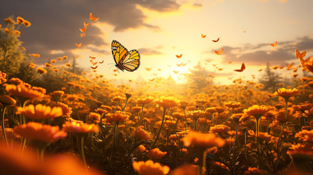 Autumn Marigold Field with Butterflies - AI Generatedの素材