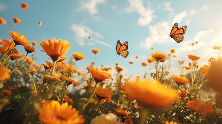 Autumn Marigold Field with Butterflies - AI Generatedの素材