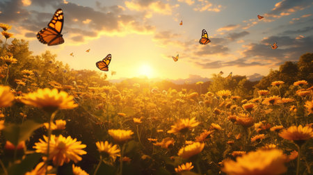 Autumn Marigold Field with Butterflies - AI Generatedの素材