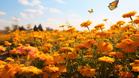 Autumn Marigold Field with Butterflies - AI Generatedの素材