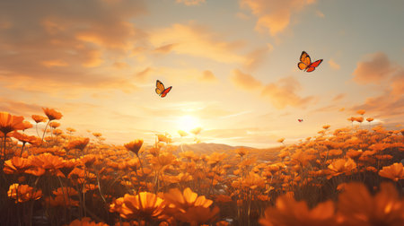 Autumn Marigold Field with Butterflies - AI Generatedの素材
