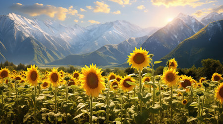 Sunflower Field Against Mountain Backdrop - AI Generatedの素材