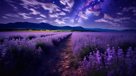 Moonlit Lavender Field and Starry Sky - AI Generatedの素材