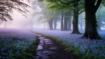 Misty Bluebell Wood at Dawn - AI Generatedの素材