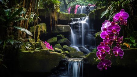 Tropical Orchid Field and Waterfall - AI Generatedの素材