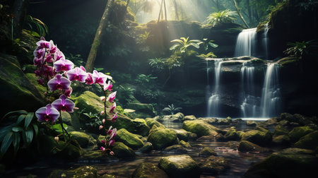 Tropical Orchid Field and Waterfall - AI Generatedの素材