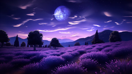 Moonlit Lavender Field and Starry Sky - AI Generatedの素材