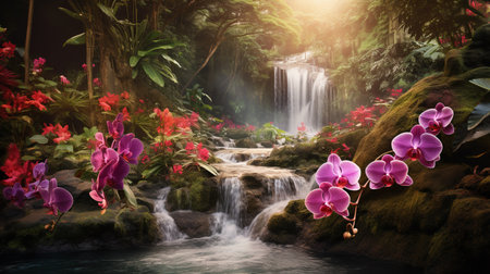Tropical Orchid Field and Waterfall - AI Generatedの素材
