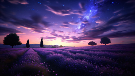 Moonlit Lavender Field and Starry Sky - AI Generatedの素材